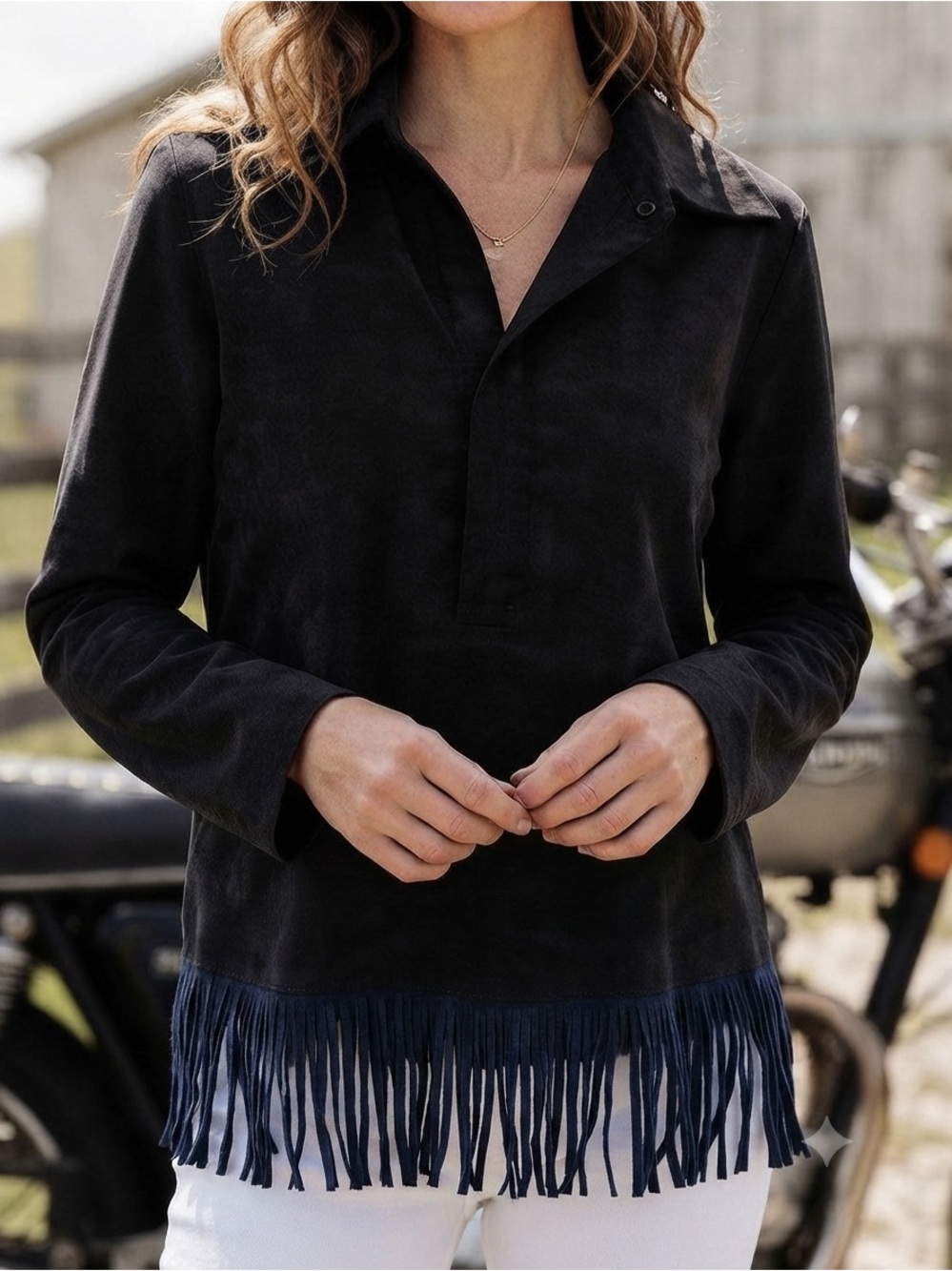 Roar Black Faux Suede Fringe Tassel Top Western Pullover Boho Cowgirl Moto Biker